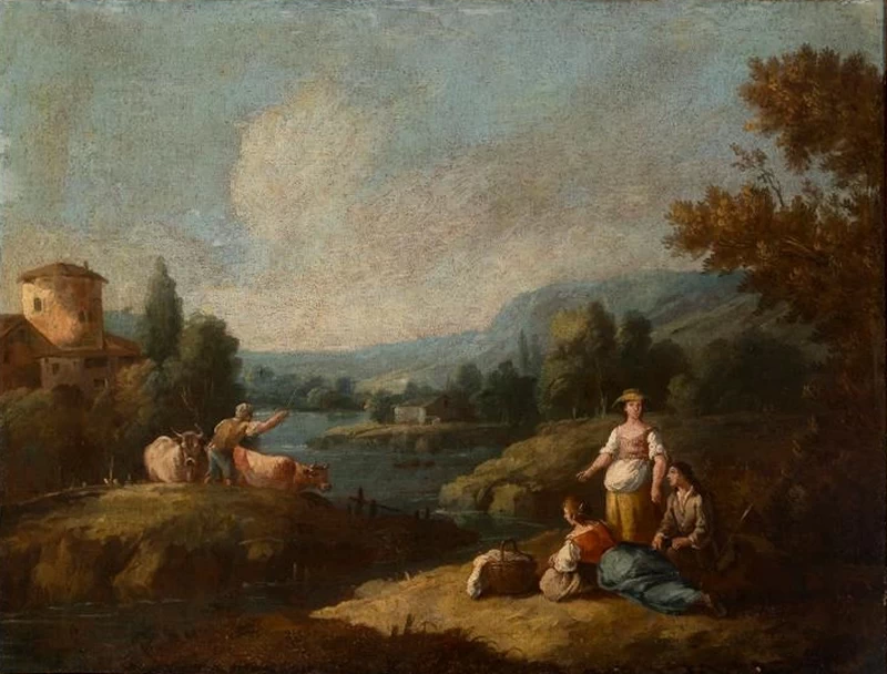 Paesaggio arcadico con personaggi in riva al fiume